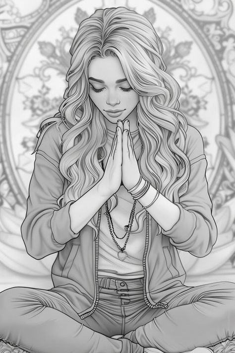 Realistic Greyscale Drawing: Pretty Woman Meditating Coloring Page Outline Greyscale Drawing, Woman Meditating, Card Hacks, Inspirational Digital Art, Coloring Pages For Grown Ups, A Coloring Page, Colouring Sheets, Detailed Coloring Pages, Meditation Art