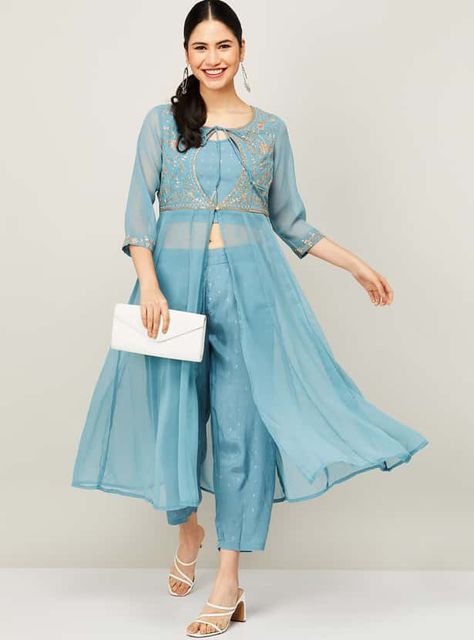 Buy MELANGE Women Printed Crop Top with Embroidered Shrug and Cropped Palazzos from Melange at just INR 3499.0 Top And Plazo, Long Shrug, Printed Crop Top, Print Crop Tops, Wedding Styles, Crop Top, Shirt Dress, Crop Tops, Quick Saves