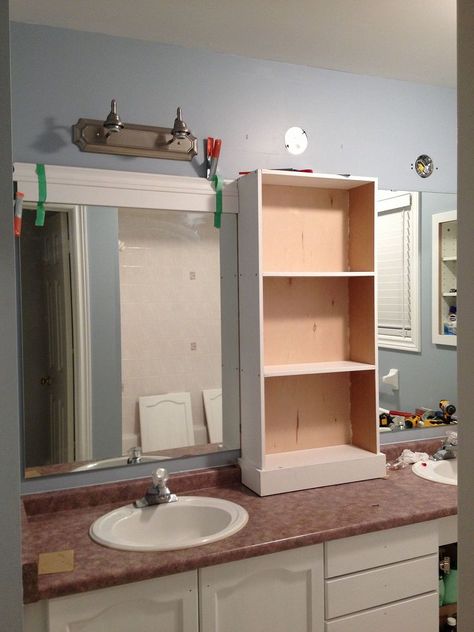 Mirror Redo, Large Bathroom Mirror, Large Bathroom Mirrors, Shelves Bathroom, Diy Bathroom Vanity, Framed Mirrors, Double Sinks, Mirror Makeover, Large Bathroom