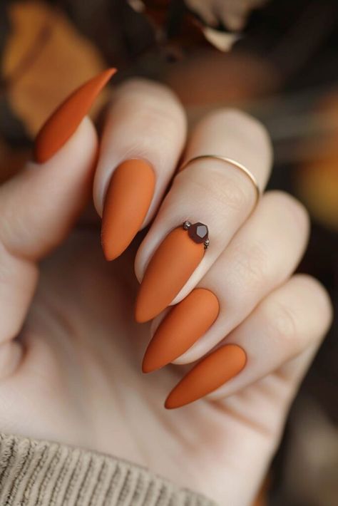 Orange Sweater Nails, Orange Nails With Black Tips, Orange Matte Nails Design, Brown Orange Nails, Pumpkin Orange Nails, October Fall Nails, November Almond Nails, Fall Nails Acrylic Almond, Burnt Orange Nail Ideas