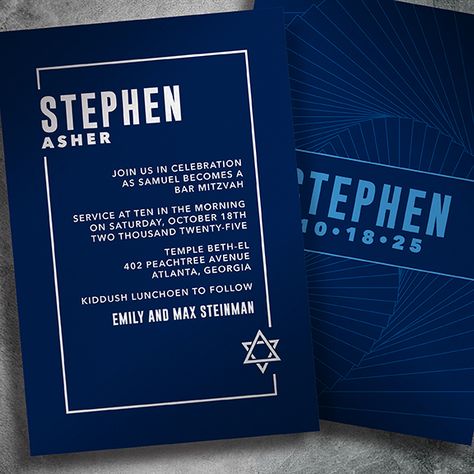 STEPHEN B581 • Traditional Mitzvah Invitation • Star of David • Customizable Mitzvah invitation designs. Bar Mitzvah Invitations, Bat Mitzvah Invitations, B'not Mitzvah Invitations, B'nai Mitzvah Invitations, EventPrints, Mitzvah Invitation, customizable invitations, unique, modern, creative. You can change the ink colors on most of our designs, edit the text, add Hebrew, change the size and even swap the front of one invitation with the back of another all for free. Mitzvah Invitations, Bar Mitzva, Bar Mitzvah Invitations, Bat Mitzvah Invitations, Modern Bar, Star Of David, Bar Mitzvah, Bat Mitzvah, Return Address