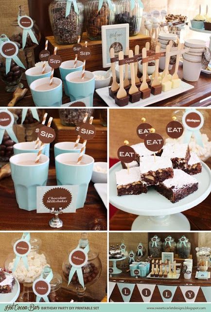 Buffet de chocolate caliente para bodas de otoño y de invierno - Foto: Etsy Hot Cocoa Bar Birthday, Hot Cocoa Bar Printables, Festa Jack Daniels, Schnee Party, Decoration Buffet, Pijama Party, Cupcakes Decorados, Chocolate Party, Chocolate Milkshake