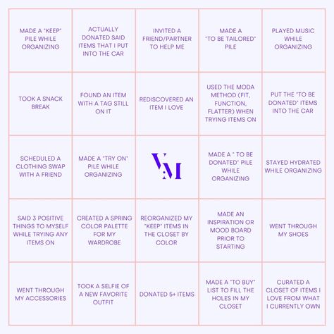 Today is "National Clean Your Room Day", so what better way to celebrate than by making cleaning a game?! 🧹 Need some inspiration to help you organize your wardrobe this month? Let's play "Closet Cleanse Bingo"! Swipe through to see Vostra Moda's Spring 2024 bingo sheet and feel free to save or screenshot and cross boxes off as you go clean out your closet! Don't forget to take before and after photos to see your own progress at the end, because that's the real prize, right?! 👾 Lastly, make... 2024 Bingo, Play Closet, Closet Cleanse, Clean Out Your Closet, Bingo Sheets, Personal Fashion Stylist, Clean Your Room, Bingo Board, Cleaning Closet