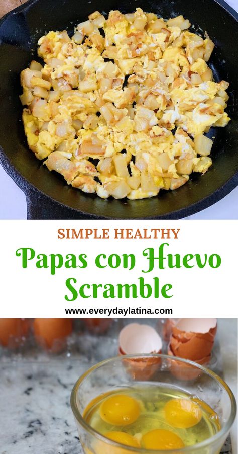 Papas con Huevo (Potato and Egg Scramble) uses 3 simple ingredients to create a healthy, Whole30, and flavorful breakfast the whole family will enjoy. #whole30breakfast #kidfriendlyfood #mexicanrecipes Potato And Egg Breakfast, Baked Meals, Leftover Baked Potatoes, Egg Scramble, Mexican Breakfast Recipes, Mexican Breakfast, Pancake Recipes, Crepe Recipes, Hispanic Food