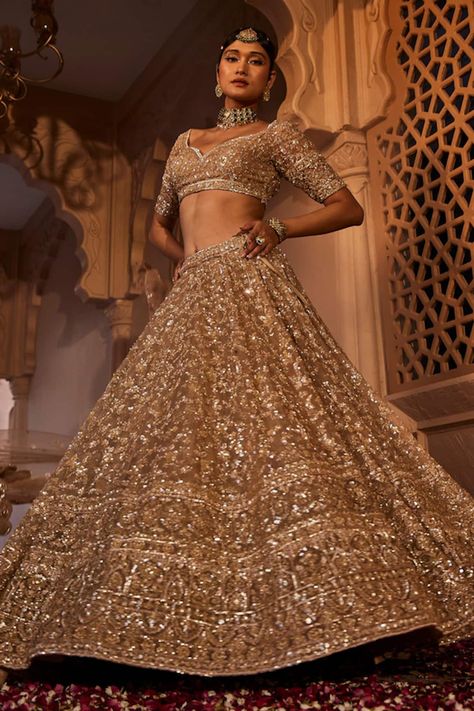 Lehenga Gold, Sangeet Lehenga, Gold Organza, Gold Lehenga, Dusty Peach, Organza Lehenga, Add Sleeves, Embroidered Lehenga, Bridal Party Dresses