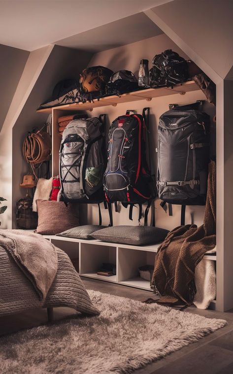 An elegant bedroom featuring a chic backpacking gear wall with stylishly organized gear and backpacks Backpacking Storage, Outdoor Gear Organization, Gear Organization, Adventure Room, Gear Wall, Gear Room, Cabin Retreat, Storage Bedroom, Storage Idea