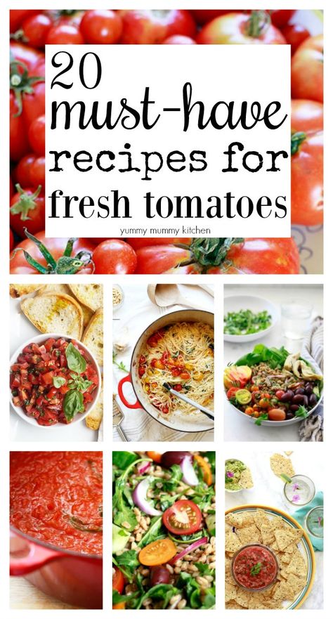 20 delicious ways to use fresh garden tomatoes, from sauces to soups to salads and more. It’s summertime, and I’m trying to pick my tomatoes before the birds do! My favorite varieties to grow have been red and yellow cherry tomatoes, Costoluto Genovese, and Roma. While there’s not much better than sun warmed juicy cherry … Garden Tomato Recipes, Cherry Tomato Recipes, Tomato Dishes, Fresh Tomato Recipes, Tomatoes Recipes, Tomato Season, Summer Tomato, Homemade Tomato Sauce, Yummy Mummy