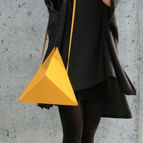 Triangle Bag | by IF irinaflorea | geometric | minimalist | leather | yellow  | https://www.facebook.com/irinafloreadesign/ Geometric Clothes, Geometric Purse, Geometric Accessories, Yellow Triangle, Handbags Collection, Triangle Bag, Geometric Fashion, Minimalist Bag, Novelty Bags