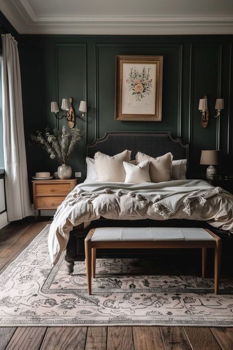 Dark Green Bedroom Wooden Furniture, Bedroom Ideas Dark Green Bedding, Bedroom With Dark Wallpaper, Dark Romantic Master Suite, Dark And Sultry Bedroom, Dark Calming Bedroom, Light And Moody Bedroom, Dark Green Walls In Bedroom, Bedroom Color Ideas Green