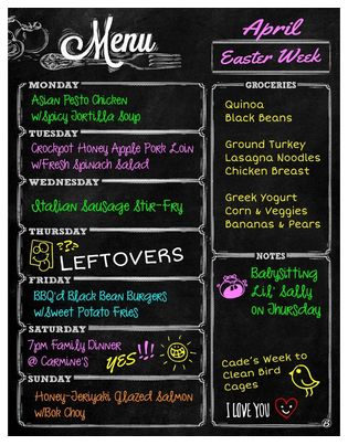 Honey Apple Pork Loin, Meal Prep Planning, Apple Pork Loin, Weekly Chalkboard, Sausage Stir Fry, Neon Markers, Kitchen Chalkboard, Weekly Calendar Planner, Calendar Board