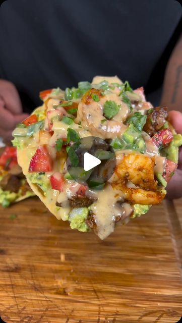 Seafood Network🦞🦐🦀🦑🐙🍤 on Instagram: "Mouthwatering Steak & Shrimp Tostadas 🥩🍤 🎥 eatwitzo   There’s something about a good surf & turf combo that just hits every time!   Full Ingredient list:  1 lb large shrimp  1 lb steak cubed  1-2 tsp cumin  1-2 tsp garlic powder  1-2 tsp black pepper 1-2 tsp chili powder  1-2 tsp salt  For guacamole:  2-3 avocados  2-3 roma tomatoes diced 2-3 tbsp cilantro chopped  2-3 limes juiced  1 small red onion  Salt & pepper to taste  For jalapeno queso:  2-3 tbsp butter  1-2 tbsp flour  2 jalapenos diced (add seeds for more heat)  1-1 1/2 cup milk  8-12 oz shredded quesadilla cheese  Season to taste (seasoning from steak/shrimp)  Pico de gallo  Do you want to devour this seafood sensation⁉️ Comment and tag a Seafood Lover/Friend below 👇🏼  #seafoodnetw Jalapeno Queso, Quesadilla Cheese, Taco Ideas, Shrimp Tostadas, Steak Shrimp, Seafood Party, Steak And Shrimp, Delicious Seafood Recipes, Surf Turf