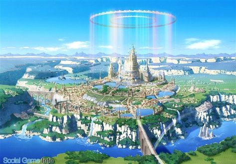 Sky City Fantasy Art, Fantasy Kingdom Cities, Isekai World, Magical Palace, Island Kingdom, Sky Kingdom, Anime Kingdom, Rainbow City, Fantasy World Map