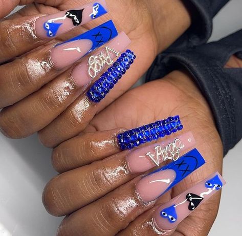 Blue Long Nails With Gems, Blue And Silver Acrylic Nails Coffin, Blue And Black Birthday Nails, 21st Birthday Nails Blue, Blue Virgo Birthday Nails, Blue Nails Birthday Set, Royal Blue Sweet 16 Nails, Birthday Nail Set Ideas Blue, Blue Bday Nails