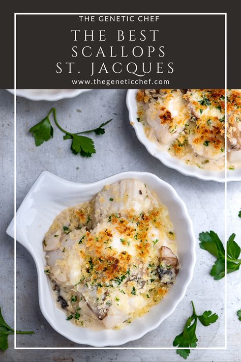 If you love scallops, you’ll absolutely love this dish. Sea scallops are poached in a wine flavored broth, tossed in a creamy sauce loaded with sauteed shallots and mushrooms, then topped with cheese and buttered crumbs. How does that sound?
#scallops #dinnerrecipes #scallopsstjacques #seafoodrecipes | @thegeneticchef Scallop Recipes Baked, Best Scallops, Scallop Appetizer, Baked Haddock, Scallop Dishes, Coquille St Jacques, Baked Scallops, Shrimp Scallops, Seafood Entrees