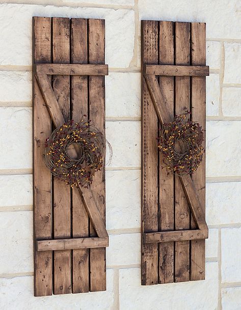 Rustic Shutters Farmhouse Shutters Country Shutters Wood Shutters Exterior Farmhouse Lowe's, Modern Farmhouse Shutters, Trendy House Decor, House Decor Country, Country Shutters, Primitive Shutters, Wood Shutters Exterior, Exterior Windows, Farmhouse Shutters