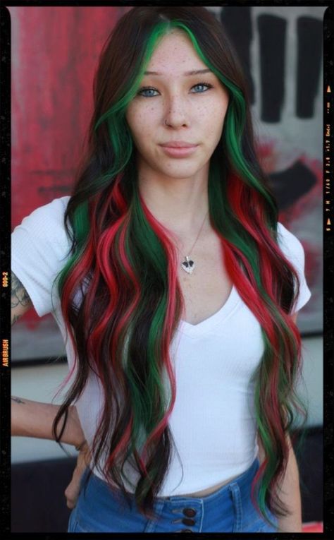 Christmas Peekaboo Hair, Red Green Hair Color, Green And Red Hair Color, Red And Green Dyed Hair, Red And Green Peekaboo Hair, Christmas Vivid Hair Color, Red And Blue Peekaboo Hair, Christmas Colored Hair, Red And Green Hair Color Ideas