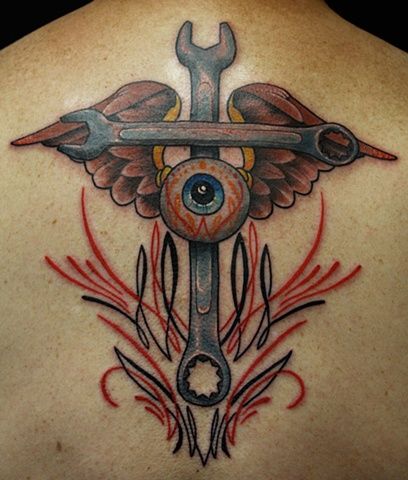 Wrench hot rod tattoo Eric James Phoenix Tattoo Company Von Dutch Tattoo, Flying Eyeball Tattoo, Pinstripe Tattoo, Wrench Cross, Welder Tattoo, Wrench Tattoo, Dutch Tattoo, Hot Rod Tattoo, Engine Tattoo