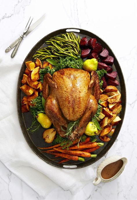 Golden Glazed Turkey and Roasted Pear Gravygoodhousemag Thanksgiving Dinner Recipes Traditional, Classic Turkey Recipe, Quick Fall Dinner, Easy Turkey Recipes Thanksgiving, Traditional Thanksgiving Dinner Menu, Easy Thanksgiving Turkey, Glazed Turkey, Thanksgiving Lunch, Easy Fall Dinners