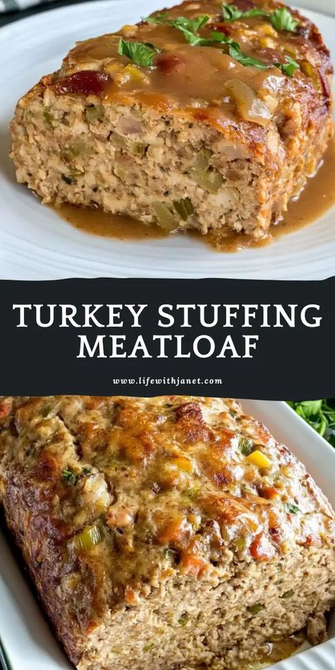 Whenever I serve this meal, my husband's face lights up. Beef Turkey Meatloaf, Meatloaf With Stuffing Mix In It, Turkey Meatloaf Cups, Turkey Stuffing Meatloaf, Unique Meatloaf Recipes, Brown Gravy Meatloaf, Moist Turkey Meatloaf, Thanksgiving Thoughts, Stuffing Meatloaf