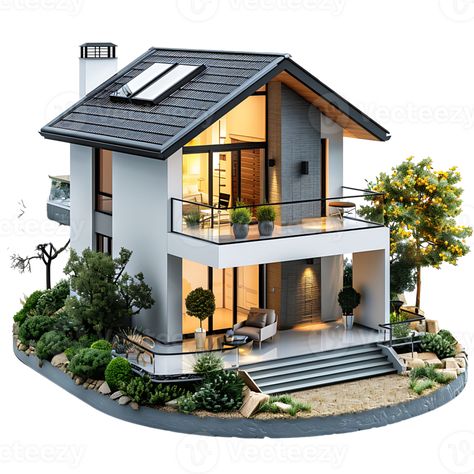 Modern bungalow on isolated background House Models Architecture, House Model For School Project, 2 Storey Tiny House, Loft House Exterior, Two Storey House Design, Bungalow Hotel, Small House Blueprints, House Png, 2 Storey House Design