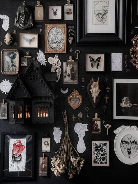 Dark Gallery Wall Hallway, Dark Wall Decor Bedroom, Tattoo Studio Decoration Ideas Wall Art, Tattoo Wall Decor, Witch Gallery Wall, Moody Gallery Wall Living Room, Goth Photo Wall, Goth Tattoo Studio, Goth Accent Wall