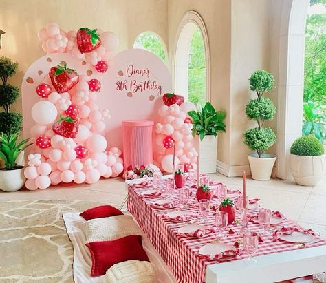 Strawberry Shortcake Balloon Arch, Adult Strawberry Shortcake Party, Strawberry Shortcake Decor, Strawberry Shortcake Party Decorations, Berry Party, Baby First Birthday Themes, Baby Birthday Party Theme, Strawberry Shortcake Birthday, Strawberry Shortcake Party