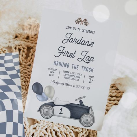 First Lap Around The Track Race Car 1st Birthday  Invitation - tap/click to personalize and buy #Invitation #race #car #birthday #party, #boy 1st Birthday Boy Race Car Theme, First Lap Birthday Party Theme, 1st Lap Around The Track Birthday, First Lap Around The Track Birthday, First Lap Birthday Party, Car 1st Birthday, Growing Up Two Fast, 1rst Birthday, Vintage Race Car Birthday