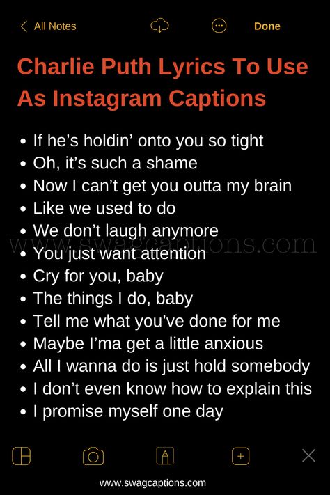 Discover the perfect Instagram captions with Charlie Puth lyrics. Express your emotions and thoughts through his soulful words. Enhance your posts and let the music speak for you. Captivate your followers with these catchy and relatable lines. #CharliePuthLyrics #InstagramCaptions #MusicQuotes Charlie Puth Lyrics Quotes, Charlie Puth Quotes, Charlie Puth Lyrics, Charlie Puth Instagram, Relatable Lines, Youtube Artists, Grammy Party, Taylor Songs, Bring Me Down