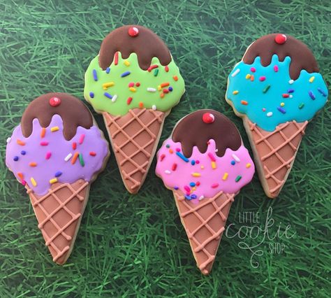 Ice Cream Cookies Ice Cream Cone Royal Icing Cookies, Royal Icing Ice Cream Cone Cookies, Decorated Ice Cream Cookies, Ice Cream Royal Icing Cookies, Ice Cream Cone Sugar Cookies, Summer Decorated Cookies Ideas, Ice Cream Sugar Cookies Decorated, Ice Cream Decorated Cookies, Ice Cream Cone Cookies Decorated