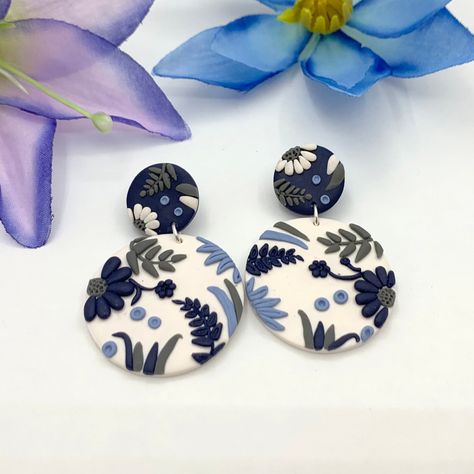 Blue And White Clay Earrings, Navy Clay Earrings, White Hand Painted Polymer Clay Flower Earrings, Navy Blue Polymer Clay Earrings, Elegant Blue Polymer Clay Earrings, Blue Clay Earrings, Blue Floral Clay Earrings, Bohemian Blue Polymer Clay Earrings, Blue Polymer Clay Earrings