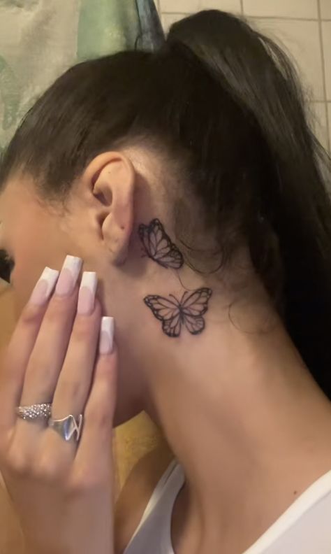 Butterfly Behind Ear Tattoo, Under Ear Tattoo, Butterfly Behind The Ear Tattoo, Butterfly Tattoo Behind Ear, Tattoos For Black Skin, Tiny Tattoo, Tattoo S, Pretty Tattoos, Tiny Tattoos