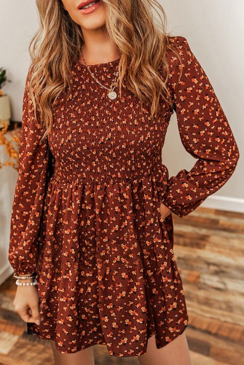 Ditsy Floral Smocked Balloon Sleeve Mini Dress - Sydney So Sweet Country Casual Outfits, Autumn Dress Outfit, Long Sleeve Dress Casual, Sleeve Dress Casual, Fall Floral Dress, Brown Floral Print, Ditsy Floral Dress, Floral Dresses Short, Shirred Dress