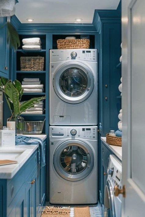 Tiny Laundry Area, Stacked Laundry Room Ideas, Washer Dryer Laundry Room, Stacked Laundry, Stackable Laundry, Tiny Laundry, Narrow Laundry Room, Utility Room Designs, Stacked Laundry Room