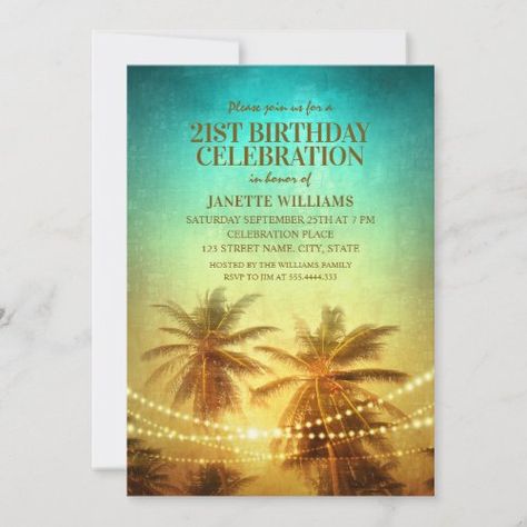 $2.65 | Tropical Beach Themed 21st Birthday Party Hawaiian - tropical birthday, beach birthday party, 21st birthday, hawaiian themed birthday, hawaiian birthday party, beach themed birthday, beach birthday, destination birthday, palm tree birthday, string light birthday Beach Engagement Party, Hawaiian Invitations, Tropical Bridal Shower Invitations, Beach Theme Wedding Invitations, Tree Sunset, Tropical Bridal, Palm Tree Sunset, 21st Birthday Invitations, 60th Birthday Invitations