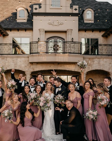 Black Tan And Pink Wedding, Black Cream And Blush Wedding, Mauve Bridesmaid Dress With Black Groomsmen, Black And Blush Wedding Dress, Black And Blush Bridesmaid Dresses, Black Mauve Wedding, Dusty Rose Black And White Wedding, Black And Light Pink Wedding Ideas, Mauve Black Wedding