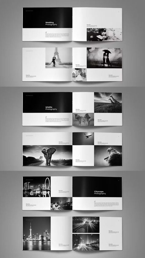 Modern Photo Album Template InDesign INDD, IDML. 36 Pages. A4 and US Letter Photography Book Layout, Photography Book Design, Photo Album Template, Wedding Album Layout, Wedding Album Templates, Photobook Layout, Photobook Design, Album Template, Album Layout