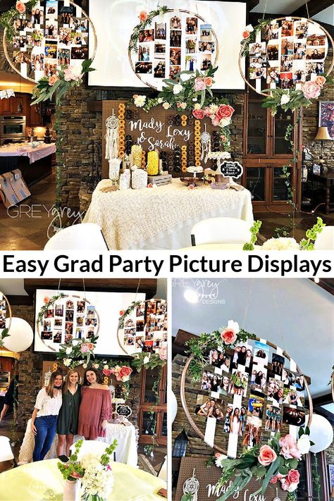 Best Graduation Party decor ideas for boys, guys, and girls you'll ever find. Quick, cheap, dollar store ideas that look expensive for outdoor, classy, rustic, flowers, luau, black and blue, and night time. These photo display grad party decorations are perfect. #GradParty #Graduate #Highschool #College Hoop Picture Display, Graduation Picture Display, Picture Display Ideas, Rustic Graduation Party Decorations, Graduation Party Picture Display, Bank Photo, Graduation Reception, Graduation Party Pictures, Photo Decorations