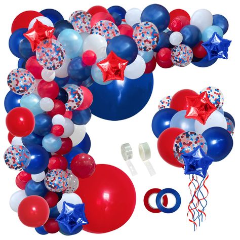 PRICES MAY VARY. 【Red White and Blue Balloon Garland】 Total are 140pcs: They are Navy blue, Red, White, Pearl light blue and blue-red-white confetti balloons,18in 2pcs, 12in 20pcs, 10in 54pcs, 5in 56pcs with balloons strip, ribbon and glue. SPECIALLY we provide blue red 4pcs 10in star aluminum foil balloons. High quality: Our balloons are made of high quality materials, thick and durable, not easy to break, so you can use them with confidence. 【Easy to Assemble】 Just Inflate the balloon with air Red White Balloon Garland, White Balloon Garland, Nautical Party Decorations, Blue Birthday Parties, Nautical Themed Party, Floral Balloons, First Birthday Party Decorations, Blue Balloon, Purple Balloons