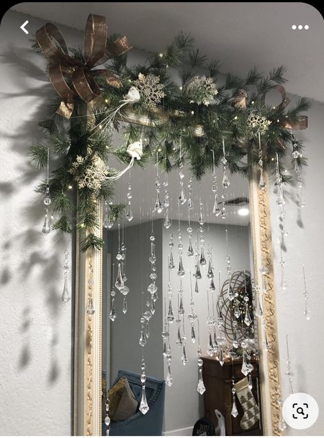 Feminine Mantle Decor, Holiday Mirror Decorating, Winter Frost Christmas Decor, Christmas Mansion Aesthetic, Christmas Decorations For Mirrors, Christmas Garland Mirror Decor, Christmas Mirror Ideas, 1920 Christmas Decorations, Christmas Decoration Mirror