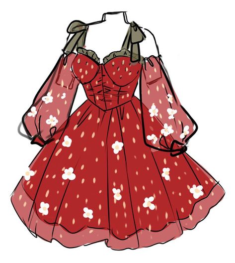 Drawing Anime Clothes Dresses, Sundress Drawing Reference, Christmas Outfit Drawing Reference, Cute Outfits Drawings, Dress Reference Drawing, Strawberry Outfit Drawing, Strawberry Dress Drawing, Cottagecore Fashion Drawing, Outfits To Draw