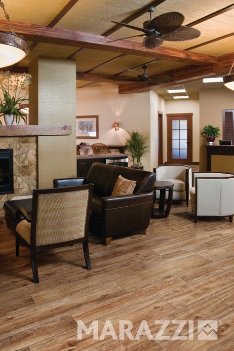 Hand-scraped wood-look porcelain tile that is durable and withstands the wear and tear of everyday use, without sacrificing the style of a wood look. Porcelain Wood Tile Floor, Wood Look Tile Floor, Floor Options, Porcelain Wood Tile, Juniper Home, Wood Tile Floors, Tile Color, Kitchen Things, Floor Remodel