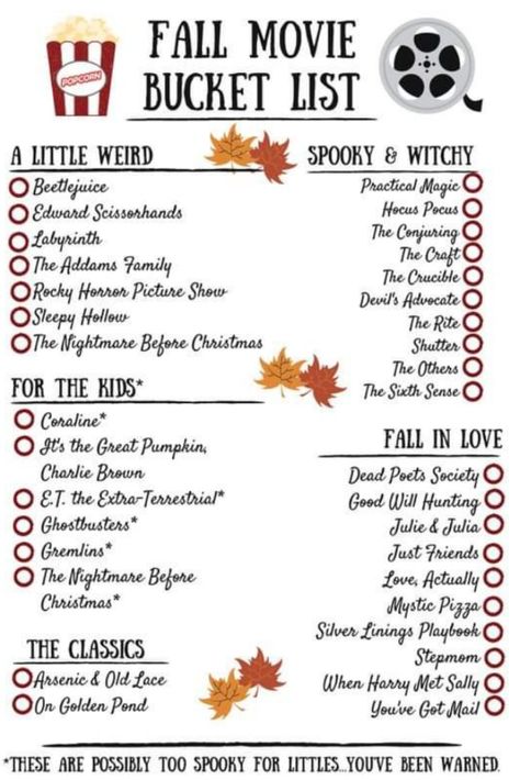 Fun Autumn Activities, Movie Bucket List, Halloween Movies To Watch, The Fall Movie, Halloween Movies List, Fall Movie, Halloween Bucket List, It's The Great Pumpkin, Halloween Movie Night