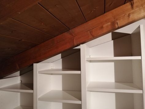 BILLY bookcases hacked to fit under sloped ceiling - IKEA Hackers Stairs Dog House, Under Stairs Space, Under Stairs Storage Ideas, Ikea Bookshelf Hack, Under Stairs Dog House, Stairs Storage Ideas, Under Stairs Storage, Slope Ceiling, Billy Bookcases