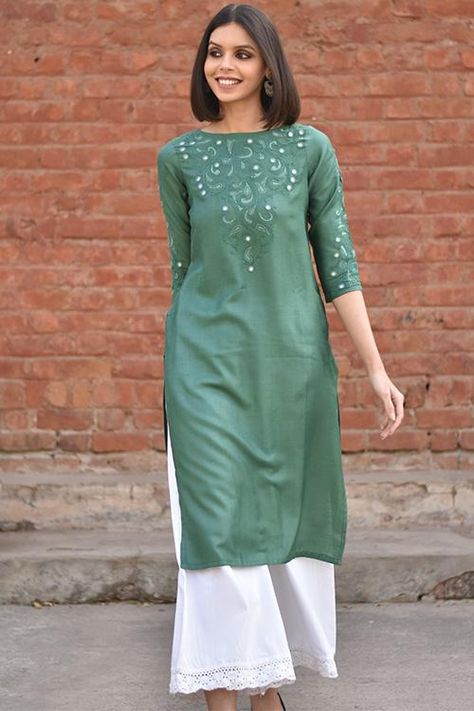 Strait Kurti Designs Latest, Kurti Designs Latest Pattern, Salwar Styles, Salwar Designs, Kurti Designs Latest, Kurti Embroidery Design, Long Kurti Designs, Kurta Neck Design, Cotton Kurti Designs