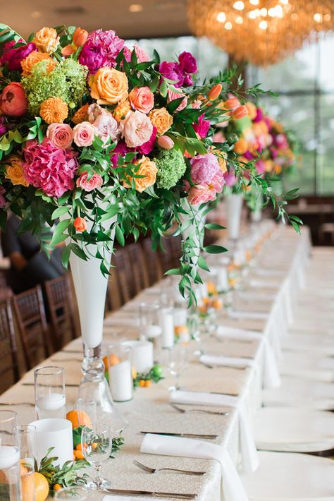 Lily Beth + Tyler's Colorful Wedding | Perch Decor Stage Facade, Tall Flower Centerpieces, Floral Tablescape, Rose Wedding Decorations, Pink Wedding Receptions, Round Wedding Tables, Silver Garden, Colorful Bridal Bouquet, Summer Flower Arrangements