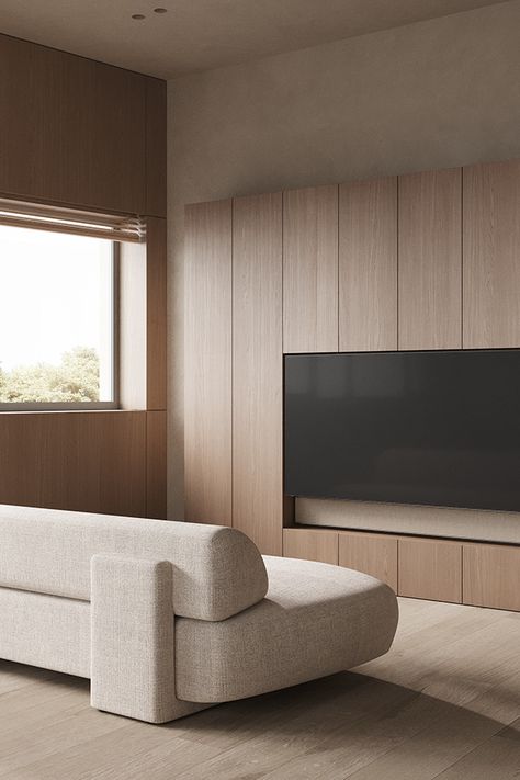 Japanese Tv Wall, Travertine Tv Wall, Tv Zone Interior Design, Living Area Tv Wall, Living Room Mudroom, Minimal Villa, Tv Zone, Wabi Sabi Bedroom, Tv Feature Wall