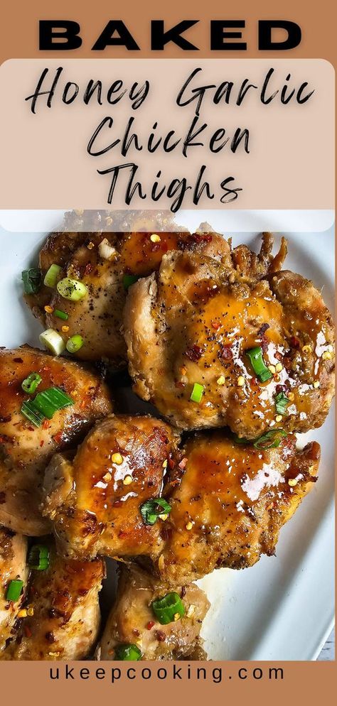 These Honey Garlic Chicken Thighs are a flavor-packed meal made with honey, soy sauce, and garlic. Whether you bake them in the oven, cook them on the stovetop, or use the crockpot, this easy recipe is a winner every time. Perfect for busy weeknights or when you want a tasty dinner with minimal effort! Chicken Leg Recipes Honey Garlic, Boneless Skinless Chicken Thigh Recipes Honey Garlic, Hi Ken Thigh Recipes, Bone In Chicken Thighs Recipes Oven, Baked Skinless Chicken Thighs, Sauce For Baked Chicken, Chicken Thighs In Oven, Garlic Broth, Baked Honey Garlic Chicken