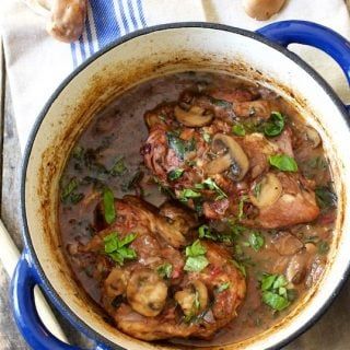 Chicken Pinot Noir with Wild Mushrooms and Fresh Basil - From A Chef's Kitchen Dutch Oven Cooking, Chicken Breast Seasoning, Wine Sauce, Mushroom Chicken, Summer To Fall, Chicken Dishes Recipes, Cordon Bleu, Wild Mushrooms, Poultry Recipes