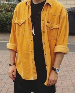 Mens Yellow Outfit, Yellow Outfit Ideas Men, Yellow And Brown Outfits Men, Orange Mens Outfits, Yellow Clothes Men, Yellow Black Outfit Men, Yellow Men Outfit, Orange Outfits Men, Yellow Outfit Aesthetic Men