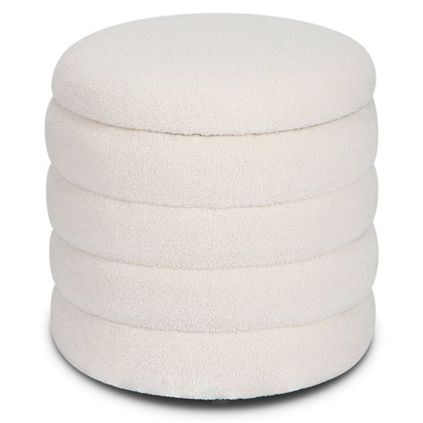 Mercer41 Upholstered Storage Ottoman | Wayfair Organizing Toys, White Ottoman, Unique Side Table, Upholstered Footstool, Round Storage Ottoman, Round Storage, Makeup Room, Boucle Fabric, Storage Ottoman Bench